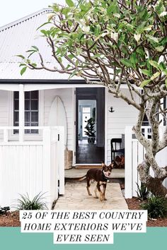 a dog standing in front of a white house with the words 16 country home exteriors