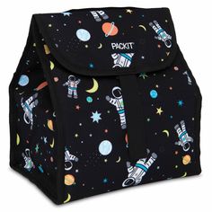 a black lunch bag with an astronaut print on it's front and side pocket