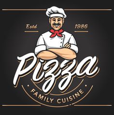 a logo for a pizza restaurant with an image of a man in a chef's hat