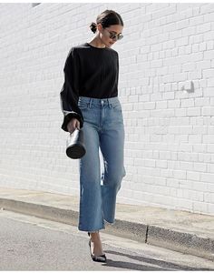 Fashion outfit Sara Donaldson, Jean Collection, Culotte Style, Jeans Street Style, Denim Outfits