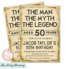 two old fashioned birthday party cards with the words, the man and the legend on them