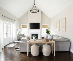 a living room filled with furniture and a flat screen tv mounted on the wall above a fireplace