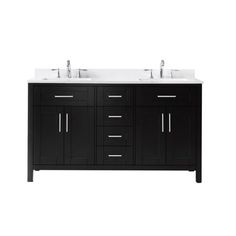 a double sink vanity with two sinks and no faucets on the counter top