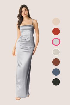 a woman in a long silver dress with different colors and shapes to choose from, including the