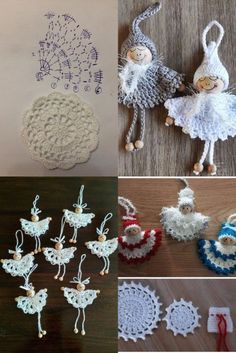 crocheted ornaments are displayed on the floor and in different stages of being made