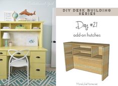 an image of a desk and chair with the text diy desk building series day 1 add - on hutches