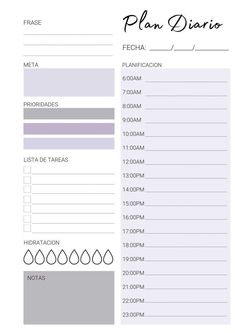 a printable planner with the words plan diario