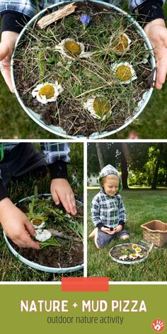 a collage of photos showing the process of making an outdoor mud pizza with grass and eggs