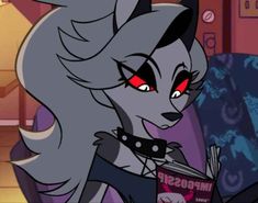 an animated character with red eyes and grey hair holding a book in her right hand