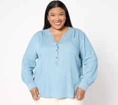 Discover the effortless style and comfort of this drapey denim top. With its shirred sleeves and soft hand feel, this top is perfect for casual outings or relaxed weekends. From AnyBody® Henley Top, Soft Hands, Soft Hand, Denim Top, Effortless Style, Top Blouse, Tops & Tees