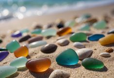 many different colored glass pebbles on the sand