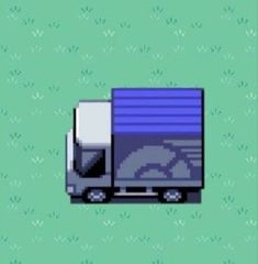 an image of a truck driving down the road in pixel art style on green background