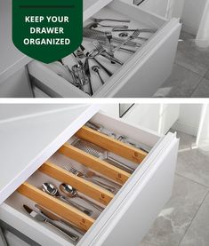 an open drawer with utensils in it