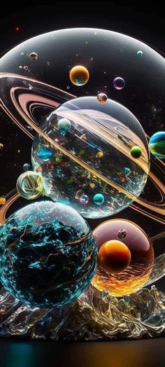 an image of planets in the sky with water and bubbles on it's surface