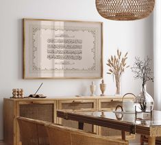 a dining room with wicker chairs and a large framed art piece on the wall