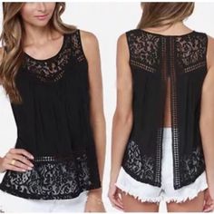 ⭐️5⭐️Rating☀️Black Sexy Lace Detail Open Back Top NWOT. Black crochet/lace detail// open back top. Size: Medium (fits from a medium to an xlg) Tops Crochet Lace Tank Top, Black Crochet Top, Women Chiffon Blouse, Crochet Lace Top, Lace Vest, Lace Outfit, Mode Casual, Casual Tank Tops, Lace Tank Top