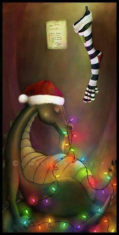 a dragon wearing a santa hat and lights