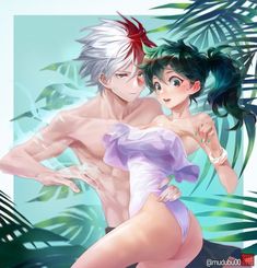 two anime characters in swimsuits posing for the camera with palm trees behind them