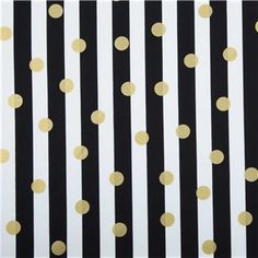 black and gold polka dot wallpaper with white vertical striped background that has gold dots on it