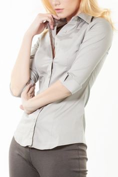 womens 3/4 sleeve shirt , casual shirts women, womens button down shirt, casual blouse women, womens work shirts Elegant Stretch Shirt For Office Wear, Office Blouse With Button Closure And Stretch Fit, Stretch Blouse With Button Closure For Office, Business Casual Stretch Button-up Blouse, Stretch Button-up Blouse For Business Casual, Stretch Shirt For Workwear, Fitted Blouse With Button Cuffs For Work, Chic Office Shirt With Button Closure, Chic Fold Down Collar Shirt For Office