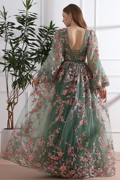 MissJophiel Long Sleeves O Neck Pink Floral Embroidery Sage Tulle Dress Sage Green And Pink Outfit, Long Sleeve Floral Embroidered Tulle Dress, Long Sleeve Tulle Dress With Floral Embroidery, Floor-length Tulle Gown With Floral Embroidery, Elegant Lace Embroidered Dress With Floral Applique, Elegant Tulle Gown With Floral Embroidery, Long Sleeve Floral Embroidered Wedding Evening Dress, Lace Embroidered Floral Dress For Wedding, Long Sleeve Floral Embroidery Evening Dress For Wedding