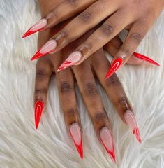 red classy stiletto nails#rednails#classy#sassynails Long Almond Nails Red Designs, Short Sharp Nails Design, Cute Stelito Nails, Red Tip Stiletto Nails, Red Steletoes Nails, Red Stilleto French Tip, Red French Stiletto Nails, Short Red Stiletto Nails, Short Stiletto French Tip Nails