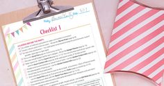 a clipboard with a checklist on it next to a pink and white striped paper