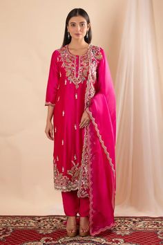 Fuchsia pink straight kurta featuring sequin, bead, floral and tassel embroidery with scallop hem. Paired with a solid pant and embroidered scallop hem dupatta. - Aza Fashions Tassel Embroidery, Scallop Hem, Beaded Neckline, Straight Kurta, Fuchsia Pink, Scalloped Hem, Pants Pattern, Set For Women, Aza Fashion