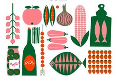 an assortment of food and drink items are shown in this graphic art work, including apples, onions, carrots, corn, tomatoes, garlic, and other vegetables