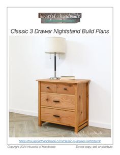 a wooden night stand with two drawers and a lamp on it's end table