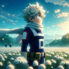 an anime character standing in the middle of a field with dandelions around him