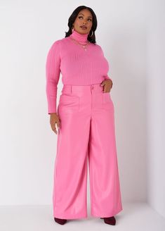 Faux Leather Wide Leg Pants, Fandango Pink Faux Leather Wide Leg Pants, Leather Wide Leg Pants, Wide Leg Pants Plus Size, High Fashion Couture, Plus Size Trendy, Pink Trousers, Pants Plus Size, Fashion Couture, Ribbed Turtleneck