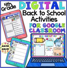 the back to school activities for google classroom is displayed in front of a laptop and tablet