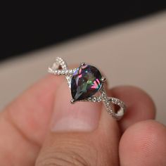 Engagement Rings Gemstone, Shaped Engagement Rings, Topaz Wedding Ring, Ring Pear Shaped, Rainbow Topaz, Mystic Topaz Ring, Gemstone Ring Silver, Green Amethyst Ring, Pear Shaped Engagement Rings