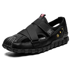 Black Slip-on Sandals, Black Slip-on Sandals For Vacation, Black Slip-on Sandals With Rubber Sole, Black Closed Toe Slip-on Sandals, Black Leather Casual Sandals, Black Leather Sandals For Outdoor, Casual Black Leather Sandals, Outdoor Black Leather Sandals, Casual Black Sandals With Rubber Sole