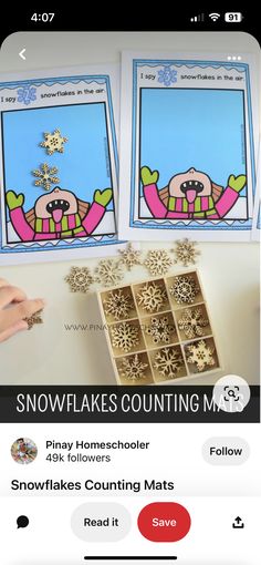 an iphone screen showing the app for snowflakes counting mats, which is open and closed