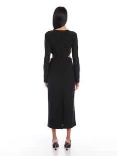 Add an element of intrigue and edginess with this dramatic silhouette. Combine the allure of an open front with a daring cutout back, creating a statement look that's perfect for a cocktail party, a memorable date night, or an upscale event. Double Face Crepe: 92% Polyester 8% Elastane Imported Dry Clean Only Length: 49 1/4 inches (size S) Long sleeve Crew Neck Back zipper closure Style number: 4F10502 Fitted Maxi Dress With Cut-out Waist For Date Night, Sleek Backless Dress With Keyhole Back, Chic Bodycon Dress With Cut-out Waist For Date Night, Glamorous Backless Dress With Back Opening For Date Night, Black Maxi Dress With Cut-out Waist For Evening, Elegant Backless Midi Dress With Keyhole Back, Black Sleek Evening Dress With Back Opening, Sleek Fitted Backless Dress With Keyhole Back, Sleek Fitted Backless Dress For Dinner