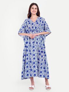 Cotton V-neck Sleep Dress, Spring Printed Sleep Dresses, Spring Sleep Dresses With Prints, Blue Cotton Sleep Dress, Full-length Beach Dresses, Blue V-neck Nightgown For Beach, Printed Summer Sleep Dress, Blue Relaxed Fit Dress For Loungewear, Relaxed Fit Blue Dress For Loungewear