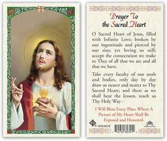 an image of jesus holding a piece of bread with the words prayer to the sacred heart