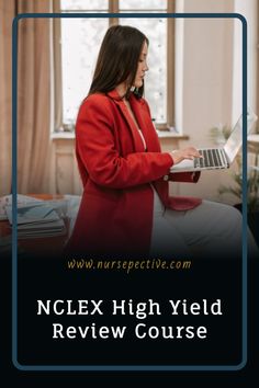 a woman sitting on a couch using a laptop computer with the text nclex high yield review course