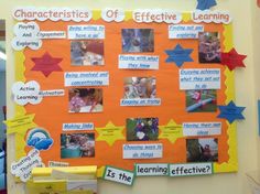 an orange bulletin board with pictures and words on it that read characteristics of effective learning