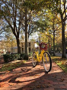 a yellow bike parked on the side of a brick road in front of some trees