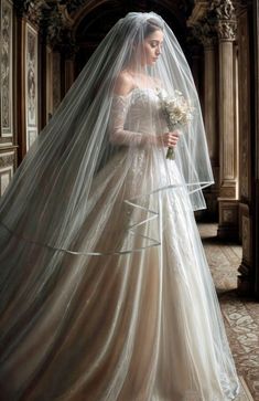 a woman wearing a wedding dress and veil