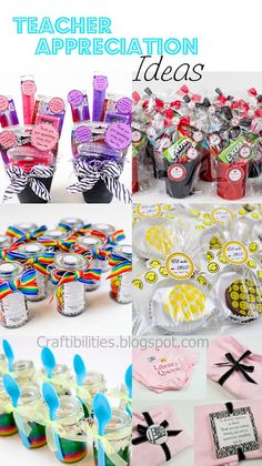 a collage of teacher appreciation ideas including candy, candies and cupcakes