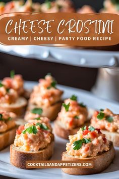 small appetizers are on a white plate with the words cheese crostini