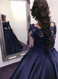 Navy Blue Wedding Dresses, Prom Dresses With Long Sleeves, Navy Blue Ball Gown, Wedding Dresses Ball Gown Lace, Formal Dresses Party, Blue Wedding Gowns, Party Dresses Long, Gown Long Sleeve, Blue Ball Gown