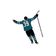 the hockey player is flying through the air with his arms and legs up in the air