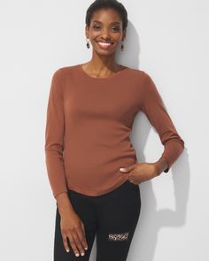 For solid style, the Long-Sleeve Scoop-Neck Tee comes in colors to enhance any outfit. Destined to become a fast favorite, it's perfect to wear year-round with jeans, shorts, skirts and more. Made from cotton, its a tee you'll wear all the time, comfortable in warm weather and, as a base layer on cool days.  Scoop neck.  Long sleeve.  Length: 27".  Cotton.   Machine wash. Imported. Scoop Neck Long Sleeve, Shorts Skirts, Scoop Neck Tee, Dresses Pants, The Rack, Womens Designer Fashion, Pants Jeans, Base Layer, Jeans Shorts