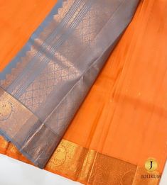 Orange and grey Kanchipuram Saree With Gold Zari Indian saree Bollywood saree Gray Traditional Wear With Pallu, Traditional Gray Wear With Pallu, Gray Traditional Wear For Diwali, Traditional Gray Saree With Pallu, Orange Saree With Border For Wedding, Orange Wedding Saree With Border, Festive Gray Saree With Pallu Detail, Festive Gray Saree With Pallu, Traditional Gray Dupatta With Traditional Drape