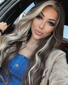 Dark Brown With Platinum Money Pieces, Front Blonde Pieces, Blonde Patch In Front Of Hair, Thick Money Piece Hair Brunette, Top Half Blonde Bottom Half Brown Hair, Priscilla Block Hair, Blonde And Brown Hair Color Ideas, Blonde Pieces In Dark Hair, Halo Blonde Hair With Brown